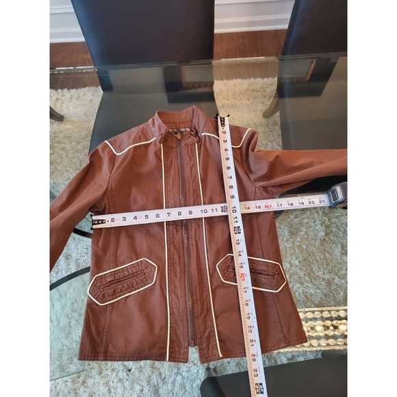 Women's Brown Canvas 100% Cotton White Edging Trims Full Zip Jacket Size Medium - Picture 8 of 14
